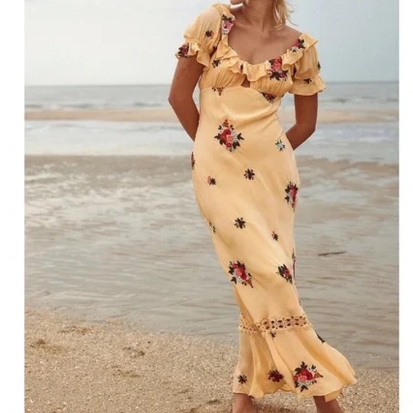 NWT FREE PEOPLE Yellow Floral embroidered Ruffle Maxi Dress size XL -  magambanetwork.com